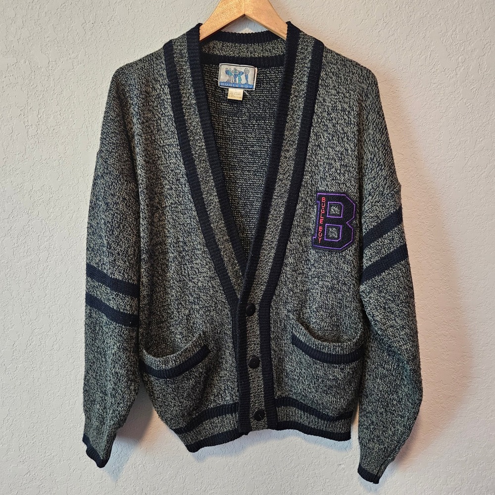 Vintage Bugle Boy University Cardigan Sweater Mens Large Grey Black Marled 90s